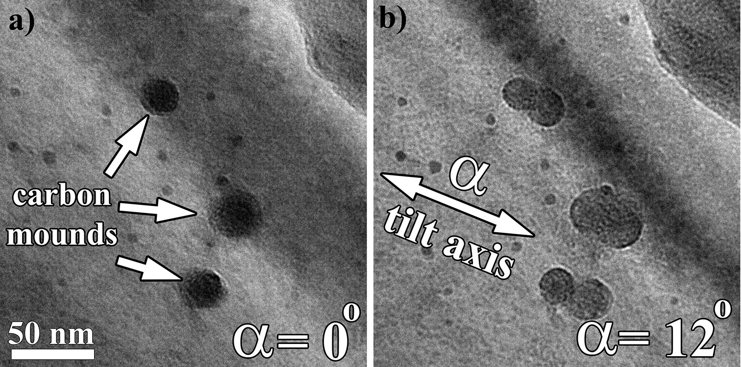 TEM (BF) images showing carbon contamination (mounds)
deposited on a sample (a), followed by a pure α tilt to highlight
orientation of the α tilt axis (b). For all other tilt calculations in
TEM (BF) mode the angle to the α axis will be measured from this line.